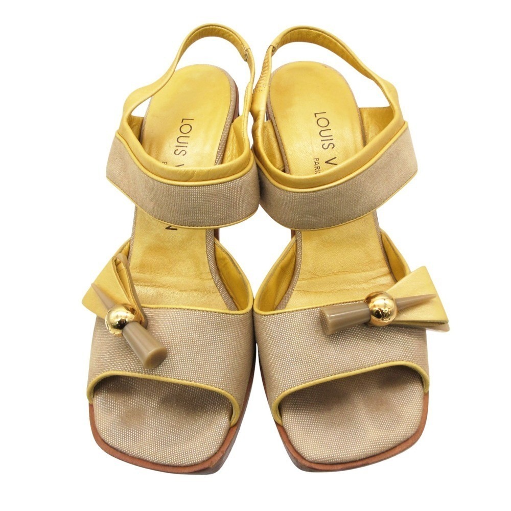 Louis Vuitton Tan Canvas Yellow Leather Bow Slingback Block Heel Sandals 36